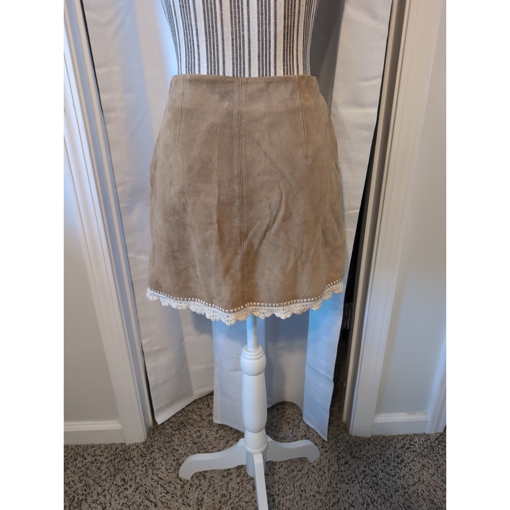 NEW Maje Tan Leather‎ Suede Skirt w/ Crochet Lace Trim Accents Pockets Size 8/38 - Picture 6 of 11